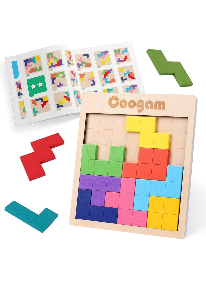 Coogam Wooden Puzzle Pattern Blocks Brain Teasers Game with 60 Challenges, 3D Russian Building Toy Wood Tangram Shape Jigsaw Puzzles Montessori STEM Educational Toys Gift for Kids Adults
